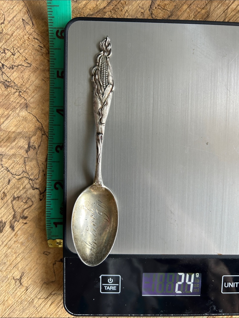 6” Sterling silver Decorative Corn Motif Spoon Antioch Illinois 24gr